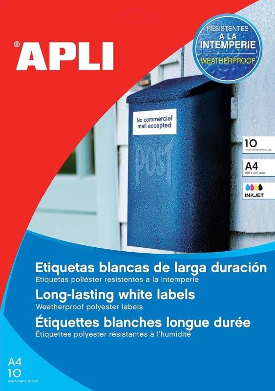 Apli 016684 Lot de 10 Etiquette polyester Jet d'encre 99,1 x 139 mm Blanc - 8410782166849_0