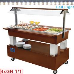 Buffet - salad bar réfrigéré 4x GN 1/1-150 en bois acajou - BSB/4N-C1 avec soubassement traversant et éclairage LED_0