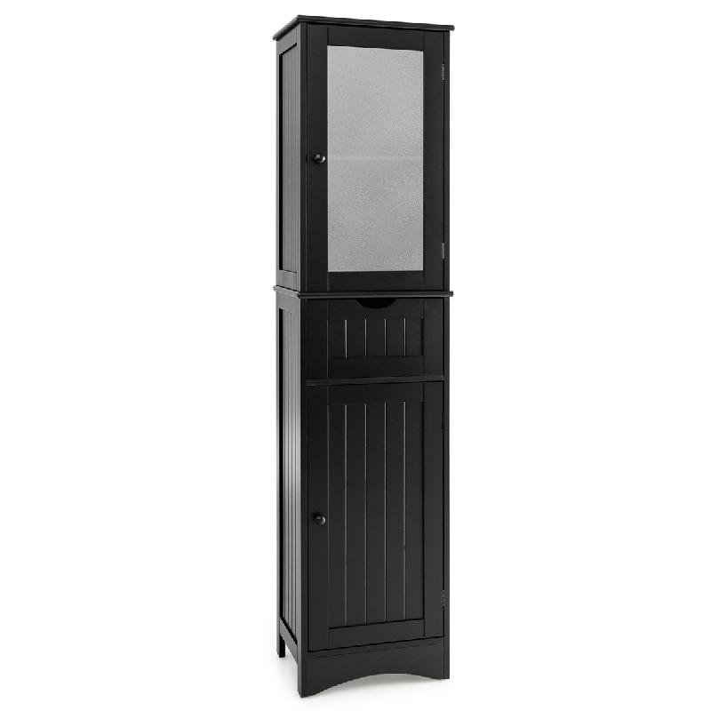 COSTWAY Armoire haute bain 170cm avec tiroir, étagères réglables et porte vitrée, bois, noir - blanc Bois manufacturé VH32891PW_0