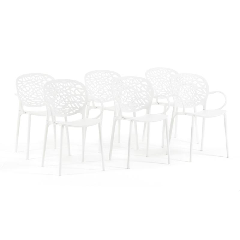 RATTATAN Lot de 6 chaises d'extérieur avec accoudoirs empilables en polypropylène dossier ajouré design naturel pour jardin terrasse bar restaurant_0