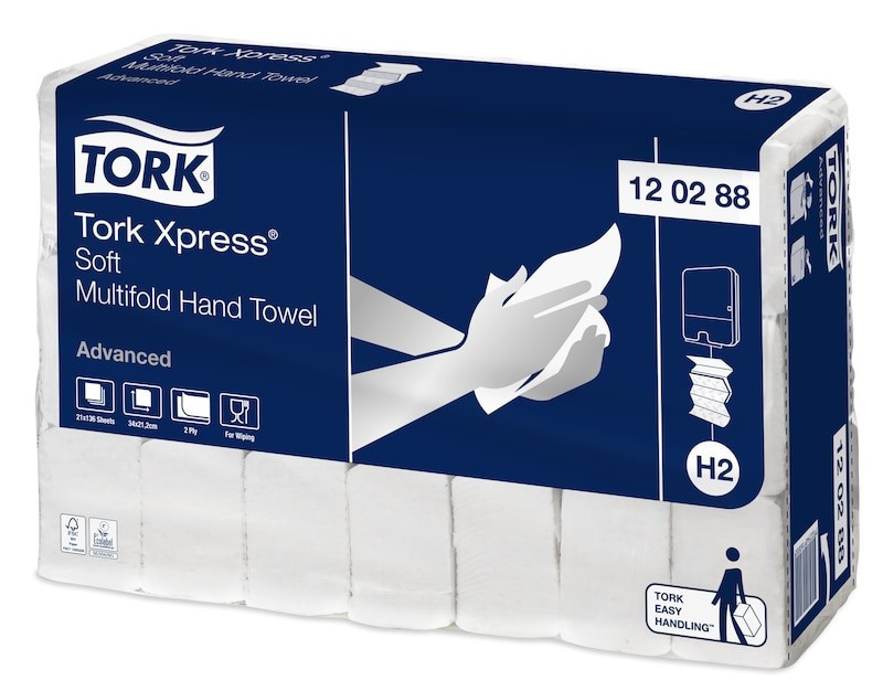 Tork xpress essuie mains pliage w- 21,2x32,2cm 2plis pure ouate gaufre blanc ecolabel systeme h2 (120454)- carton de 2400 format_0