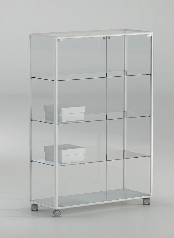 Vitrine d'exposition étagères réglables 91-14PVA - verre trempé - aluminium - blanc poli - roulettes_0