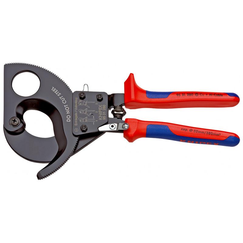 Coupe-câbles à cliquet 280mm - Cu/Al Ø52mm/380mm² - Gainage bi-matière - KNIPEX | 95 31 280 - Compact et précis_0