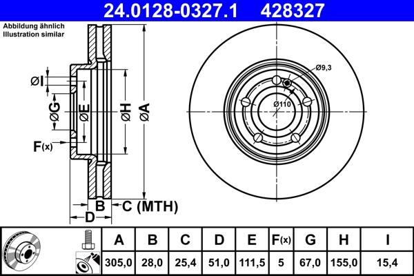 Disque de frein ATE 428327 - ventilé - côté avant - boîte de 1 disque_0