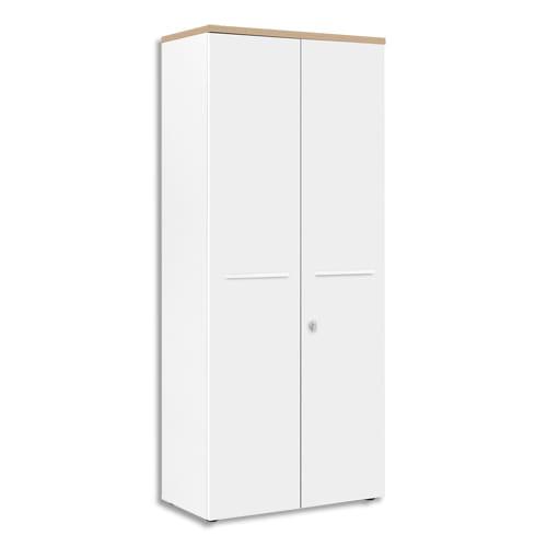 Armoire haute Gautier Office - 2 portes pleines avec serrure - Blanc et dessus chêne - L80 x H187 x P42 cm_0