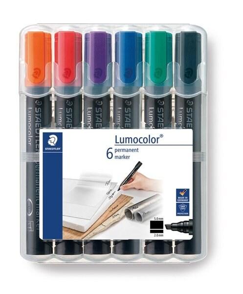 Staedtler Lumocolor 350 - Etui Chevalet Staedtler Box 6 Marqueurs Permanents Pointe Biseau 2 À 5 Mm Assortis - 350 WP6_0