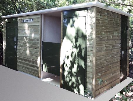 Toilette automatique - finition bardage bois - 2 cabines PMR, cabine urinoirs et local technique_0