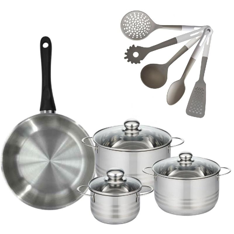 Lot 1 Poêle 28cm & 3 Faitouts 16/20/24cm Fackelmann Geneva avec 5 ustensiles - gris inox 3176239921908_0
