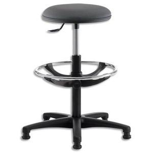 Tabouret grande hauteur vinyle noir avec repose-pieds en acier chromé sur patins, réglable en hauteur_0