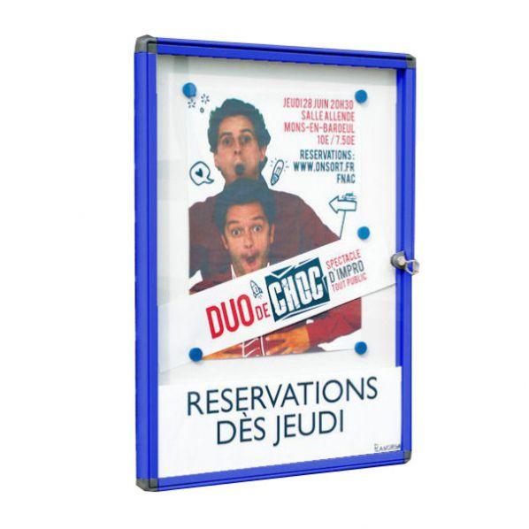 Vitrine extérieure cadre design bleue - vitrage plexi - format 2 x A4 - étanche avec serrure_0