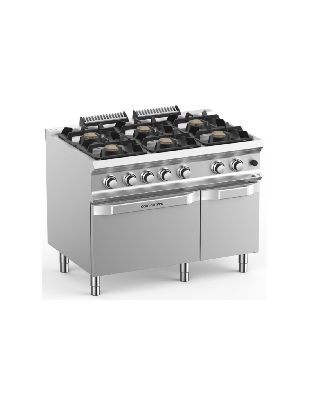 Fourneau 6 feux gaz - 7 kW sur four gaz GN 2/1 et placard - Acier inoxydable, brûleurs en fonte - MBM - DOMINA PRO 700_0
