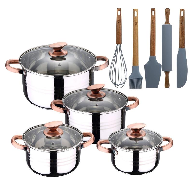 BERGNER - Batterie de Cuisine NONA 8 pièces 16/18/20/24cm Acier Inoxydable Compatible Induction avec Set de 5 Ustensiles de Cuisine Silicone et Bois_0
