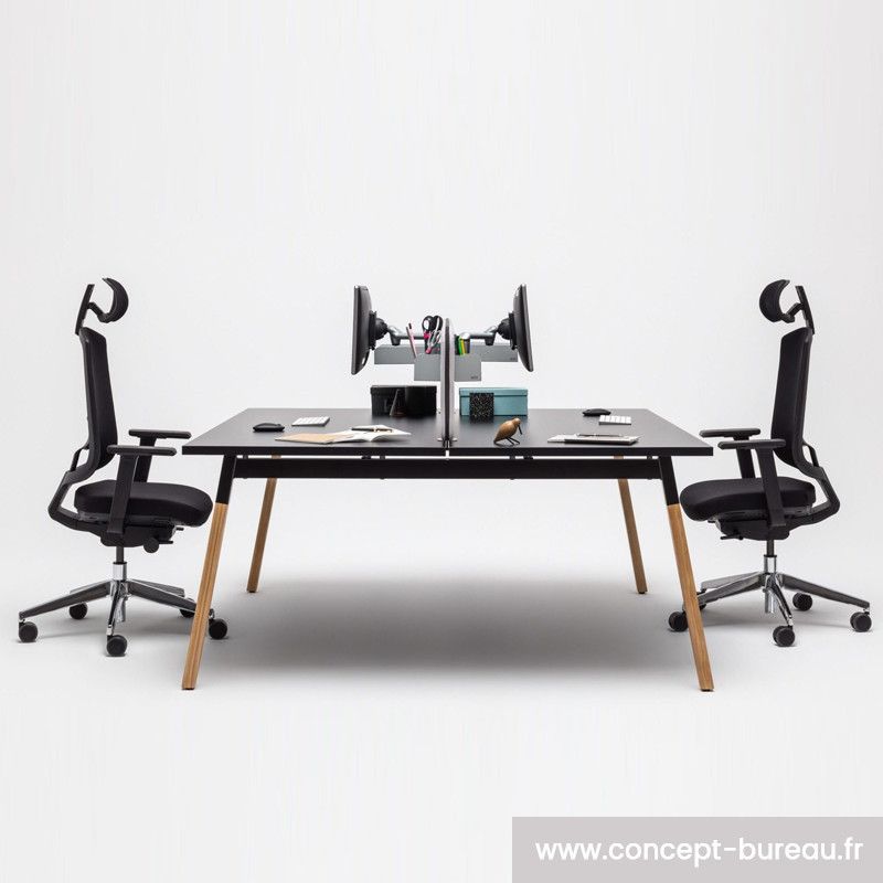 Kontor - Bureau open space pour 2 personnes - Plateau mélaminé et piétement bois massif finition frêne naturel_0