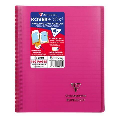LOT DE 5 - CAHIER RELIURE INTÉGRALE ENVELOPPANTE KOVERBOOK 17X22CM 160 PAGES LIGNÉ + MARGE COUVERTURE POLYPROPYLÈNE TRANSPARENT - ROSE