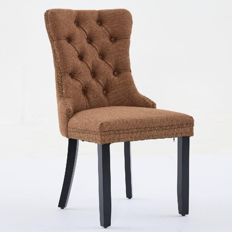 Merax ensemble de 2 chaises rembourrées, chaise de salle à manger en tissu aspect lin marron, pieds en bois massif, avec coutures de boutons et - ma_0