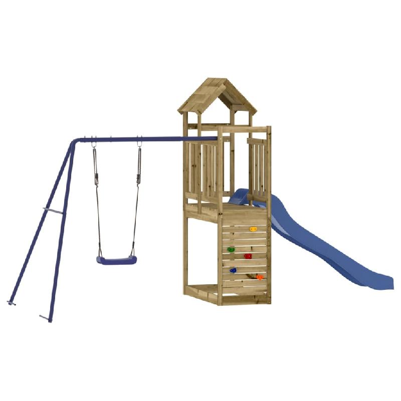 Aire de jeux d'extérieur en bois pour enfants - Escalade, balançoires, toboggan, portiques - 424 x 186 x 214 cm - Bois de pin imprégné - Réf. 02_0004909_0