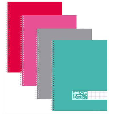 CAHIER ECO - SPIRALES - COUVERTURES CARTE - 180 PAGES - 21X29,7 CM - PETITS CARREAUX - ASSORTIS - LOT DE 5
