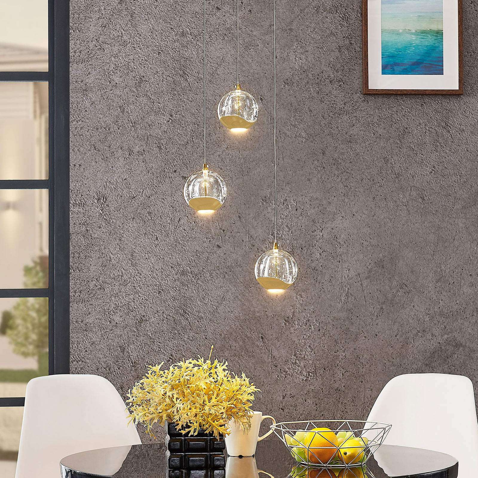 LUCANDE SUSPENSION LED HAYLEY, Ø 25 CM, 3 LAMPES, OR, VERRE