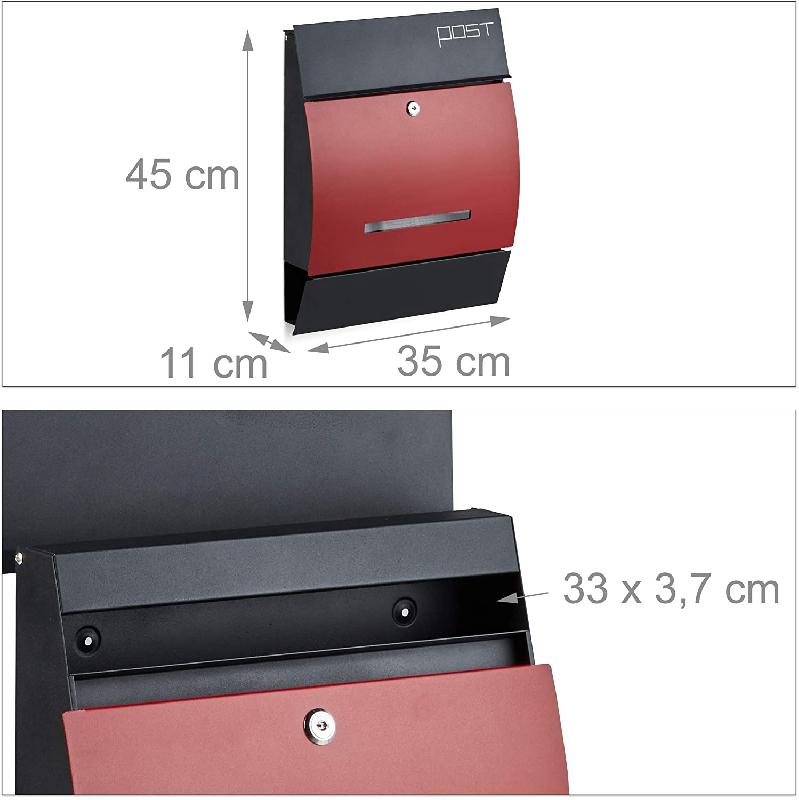 Boîte aux lettres murale design en métal - compartiment journaux intégré - noir et rouge_0
