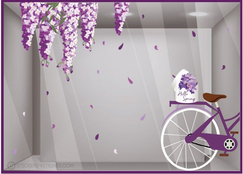 Sv801 - Sticker adhésif pour vitrine - dimensions 57 x 130 cm - vélo et cascade de glycines pour décoration de printemps_0