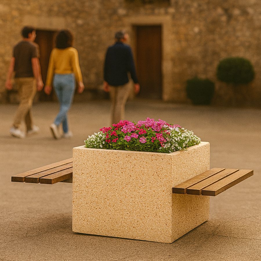 Banc public en béton - article 215 avec assise en bois d'Iroko et traitement écologique_0