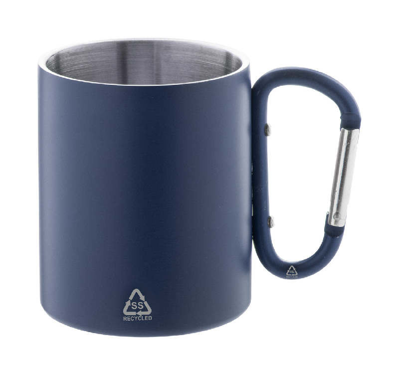Mug thermos - acier inoxydable recyclé - poignée mousqueton - 300 ml - couleur bleue_0