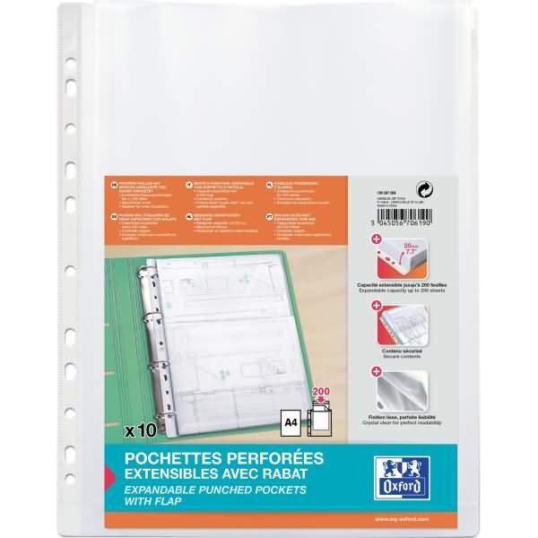 OXFORD Sachet de 10 Pochettes Perforées à Soufflet et à Rabat A4 Polypro Lisse Epaisseur 20/100ème Incolore - 100207008_0
