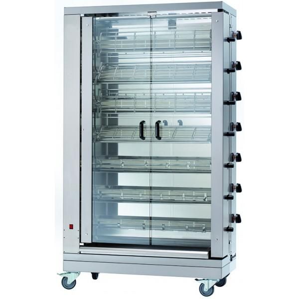 Rôtissoire gaz 8 broches - 48 poulets - acier inox - double porte vitrée et roues 10 cm_0