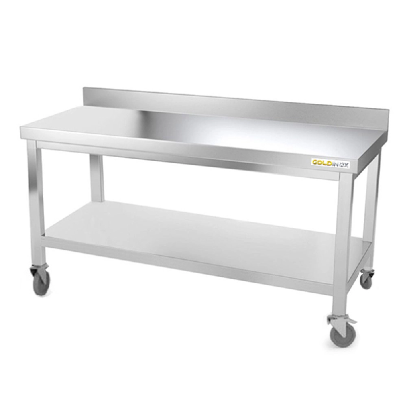 Table de travail en inox soubassement 1400 x 600 mm adossée sur roulettes PREMIUM / GOLDINOX - inox 3701770807048_0