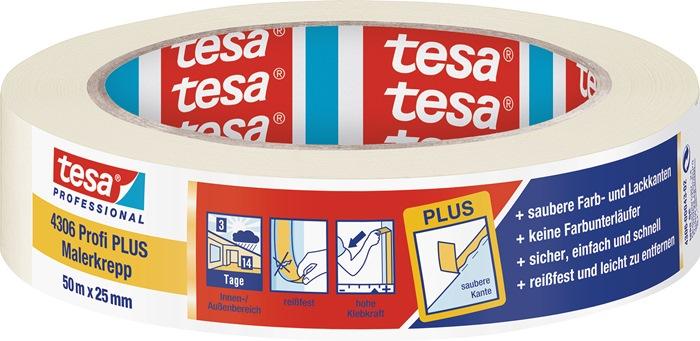 Bande de crêpon de peintre 4306 Profi PLUS légèrement crêpé beige clair longueur 50 m largeur 25 mm rouleau TESA_0