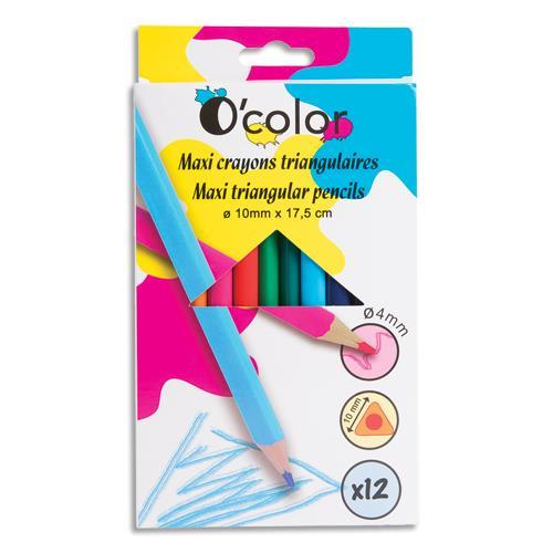 BOÎTE DE 12 MAXI CRAYONS DE COULEURS O'COLOR EN RESINE TRIANGULAIRE - DIAMETRE 10MM, MINE 4MM - ASSORTIS