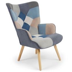 MENZZO Fauteuil scandinave Lyliane Effet patchwork Velours Gris et Bleu - 3327480070642_0