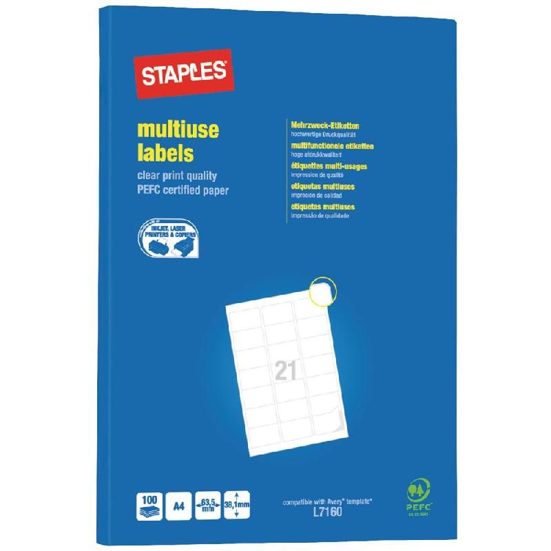 STAPLES ETIQUETTE MULTI-USAGES BLANCHE - STAPLES - 38,1 X 63,5 MM - BOÎTE DE 2100 ÉTIQUETTES