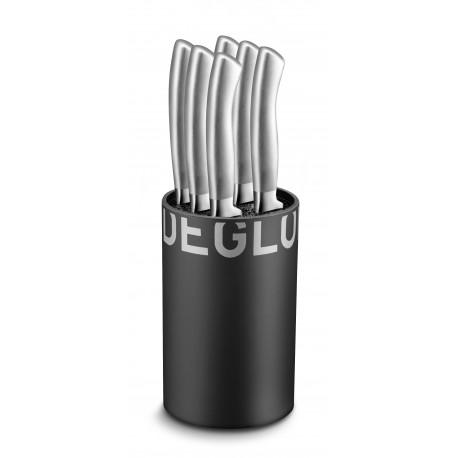 Bloc à fil noir 6 steaks Oryx petit modèle Ø9 cm - hauteur 14 cm - Déglon - Polypropylène toucher soft et couteaux inox_0