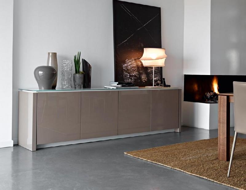 Calligaris buffet bas mag grège brillant avec plateau en verre extrablanc
