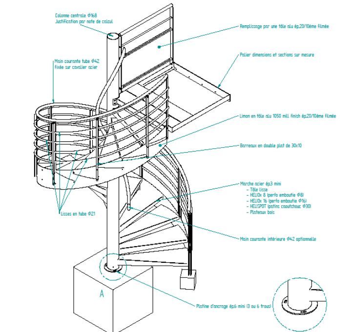 Escalier hélicoïdal tube lisse - l'hélicoidal - diamètre du colonne centrale 168 mm_0