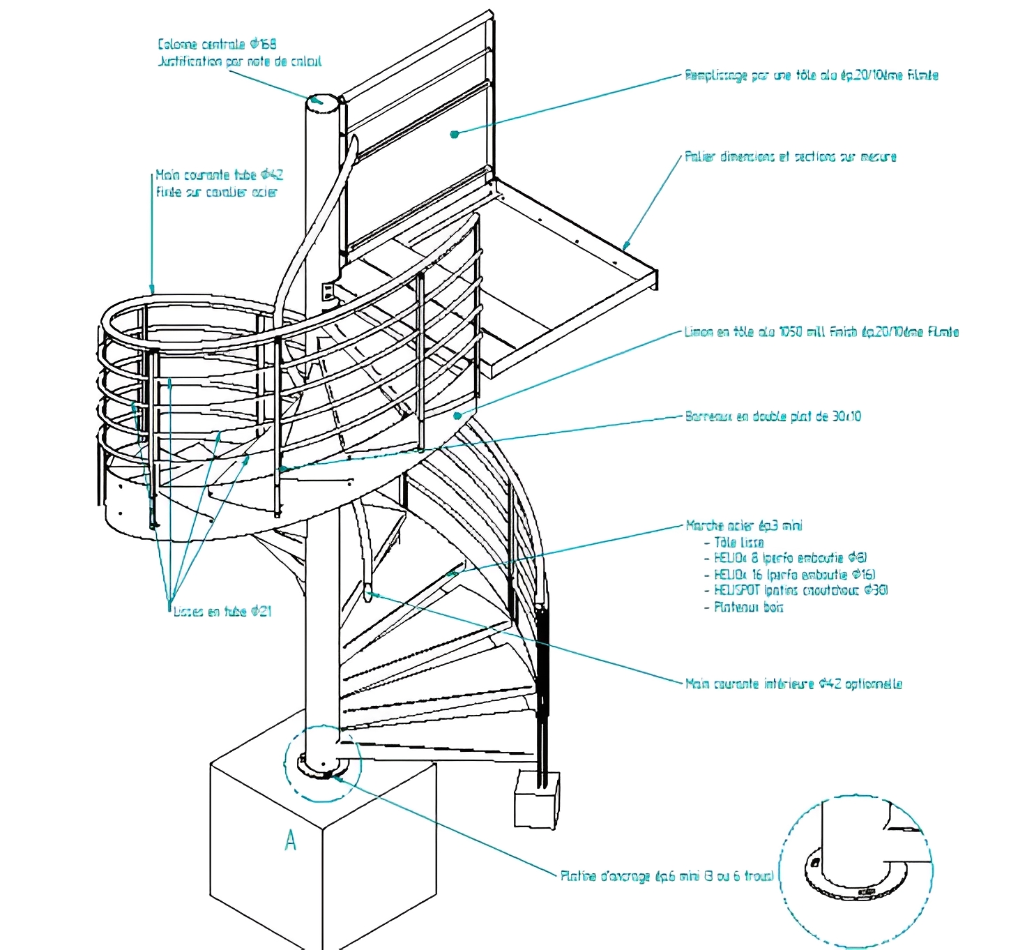 Escalier hélicoïdal tube lisse - l'hélicoidal - diamètre du colonne centrale 168 mm_0