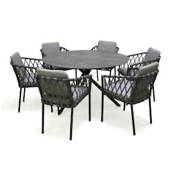 PARIS Garden - Ensemble repas de jardin 6 places en aluminium gris anthracite avec table ronde fixe et 6 fauteuils empilables - PILAT - TB129+6FT_0