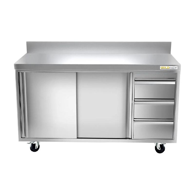 Meuble bas inox 1400x600 mm adossée avec 3 tiroirs à droite sur roulettes PREMIUM - GOLDINOX - gris inox 3701770813896_0