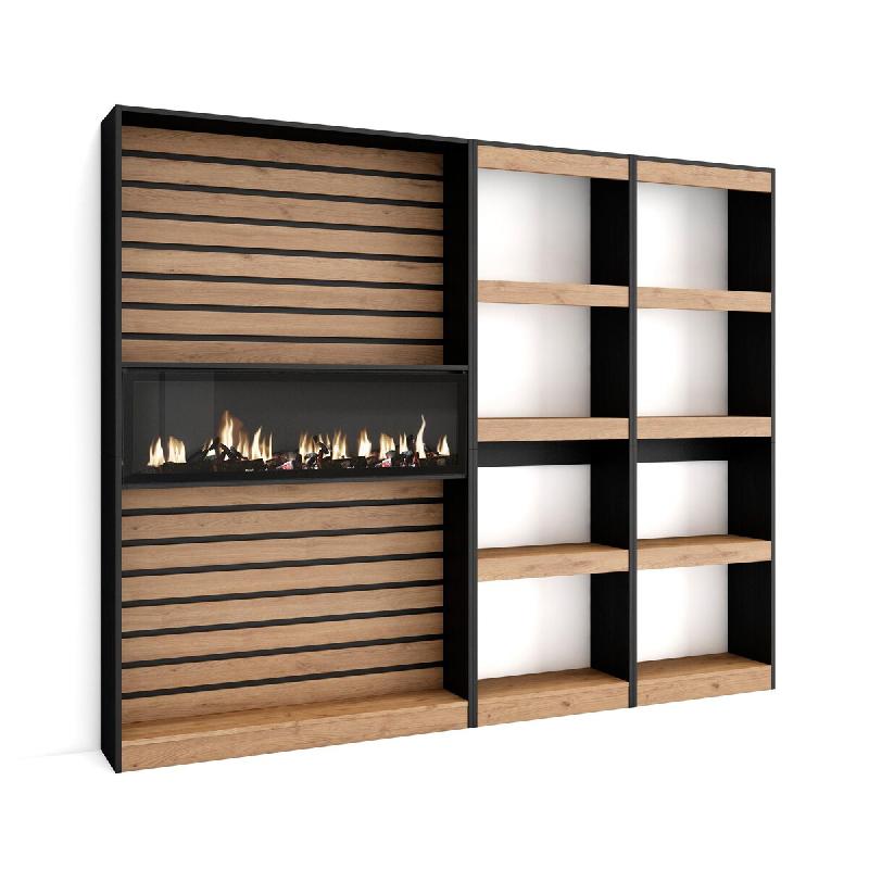 SKRAUT HOME Étagère Bibliothèque, 230x186x25cm, Salon Salle à manger Bureau, Cheminée électrique XXL, Chêne et noir - beige Bois manufacturé 86_2_0
