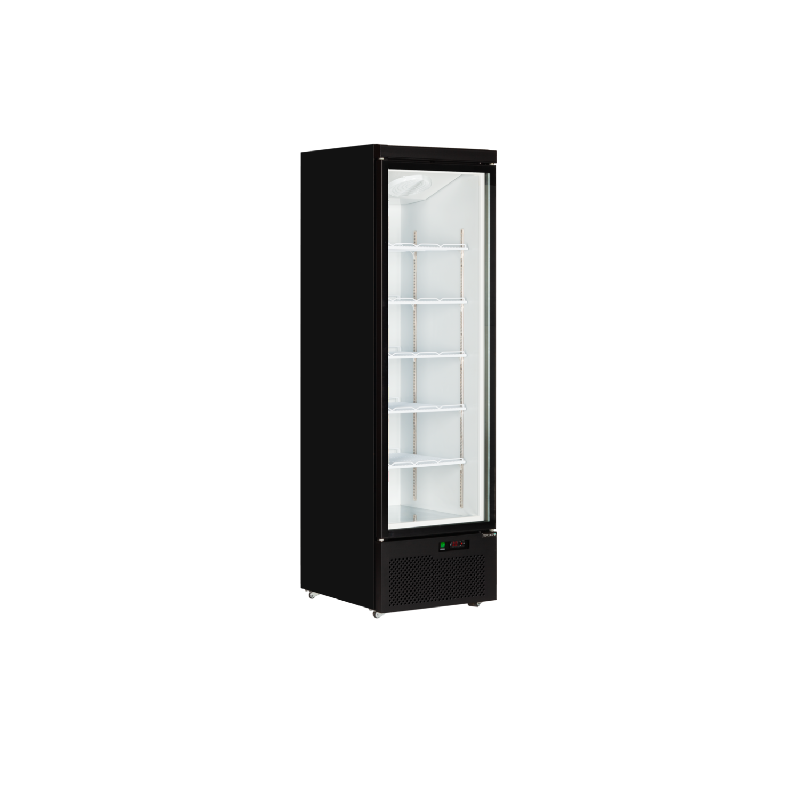 Vitrine ventilée positive 459 Litres, 6 niveaux, 1 porte vitrée battante, sur roulettes, noire, 460 W, 220 V - MONO_0