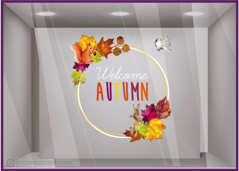 Sv834 l33 x h35 impr - adhésif pour vitrine - stickers vitrines - couronne automnale avec feuilles et animaux - dimensions 33 x 35 cm_0