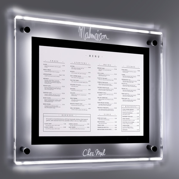 Aqua - porte-menu mural en acrylique transparent - avec LED ou sans - différentes tailles et bordures noires ou argentées_0
