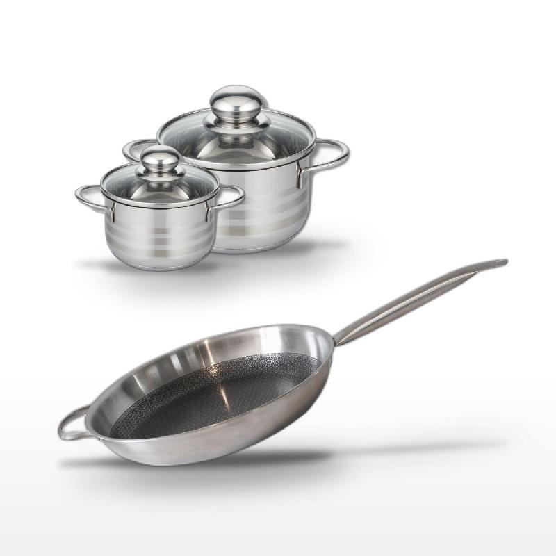 Batterie de cuisine Poêle 32 cm et faitouts 12/16 cm en acier inoxydable et aluminium Elo Collection Relief Solution Brillant - gris 3176239941203_0
