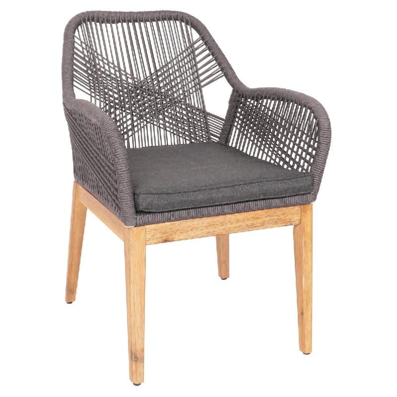 Décoshop26 - Chaise de jardin moderne résistant aux intempériese en bois d'acacia dossier arrondi en corde tressée gris coussin 04_0010102 - gris_0