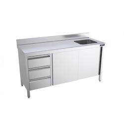 Distform Table de chef Inox avec portes coulissantes, tiroirs et bac à droite Gamme 600 Acier inoxydable2400x600 1400x600xmm - 641094565015_0