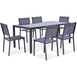 Ensemble repas de jardin 6 personnes Aluminium - Table avec plateau en verre 180 x 90 cm + 6 chaises et assise textilene - Gris AUCUNE - gris 36667492_0