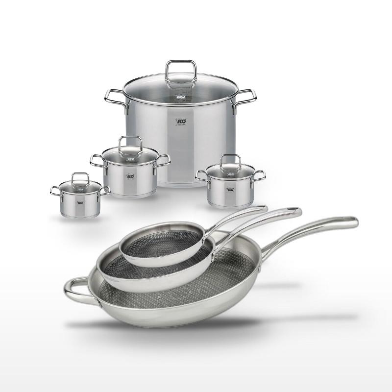 Lot Poêles 24cm, 28cm, 32cm et Faitouts 12cm, 14cm, 16cm, 26cm Elo Relief Evolution - gris inox 3176239956276_0