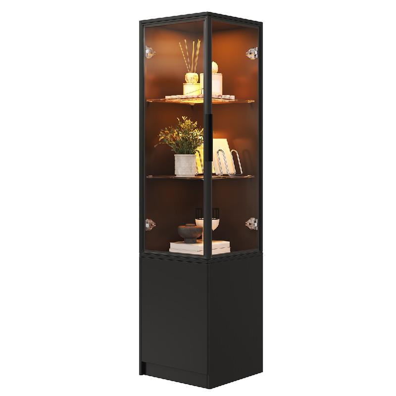 Merax Armoire d'angle 40x40x160 cm, vitrine avec portes en verre trempé, cadre en aluminium, contrôle par application LED, noir - noir multi-matéri_0
