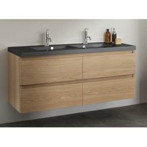 MEUBLE 120 CM 2 VASQUES TABLE NOIRE + MIROIR BOIS MASSIF LIGNUM SANIJURA
